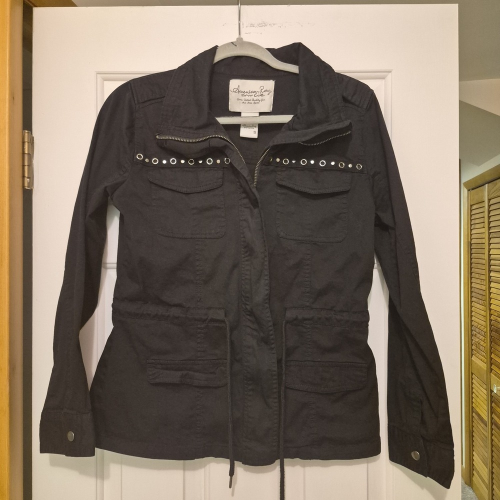 American Rag Womens Black Studded Grommet Military Utility Jacket S Grunge Skate